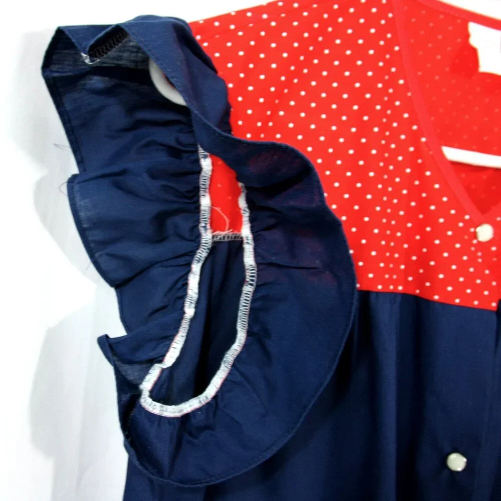 Vintage Pearl Snap Polka Dot Ruffle Trim Full Apron Art Craft Smock w Pockets